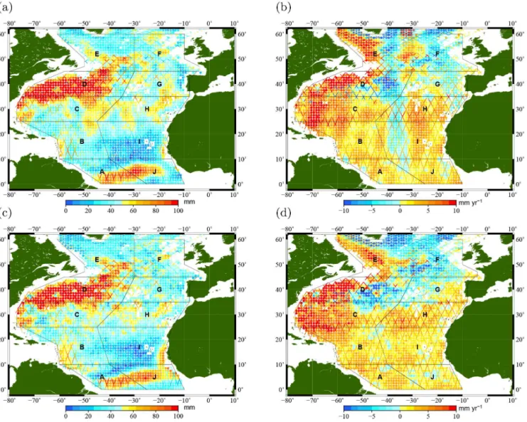 Figure 8. Amplitudes of the annual signal (left) and trends (right) computed of the sum of the components (Argo+GRACE) overlayed with those computed from the total sea level measured with altimetry