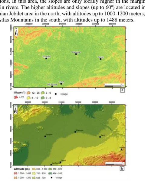 Figure 2. Slope map (a) and Hypsometric map (b) 