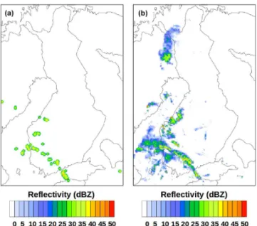 Figure 8. Reflectivity field simulated from lightning data alone (left) and, for verification, from radar data alone (right) 30 July 2014 at 16:00 UTC