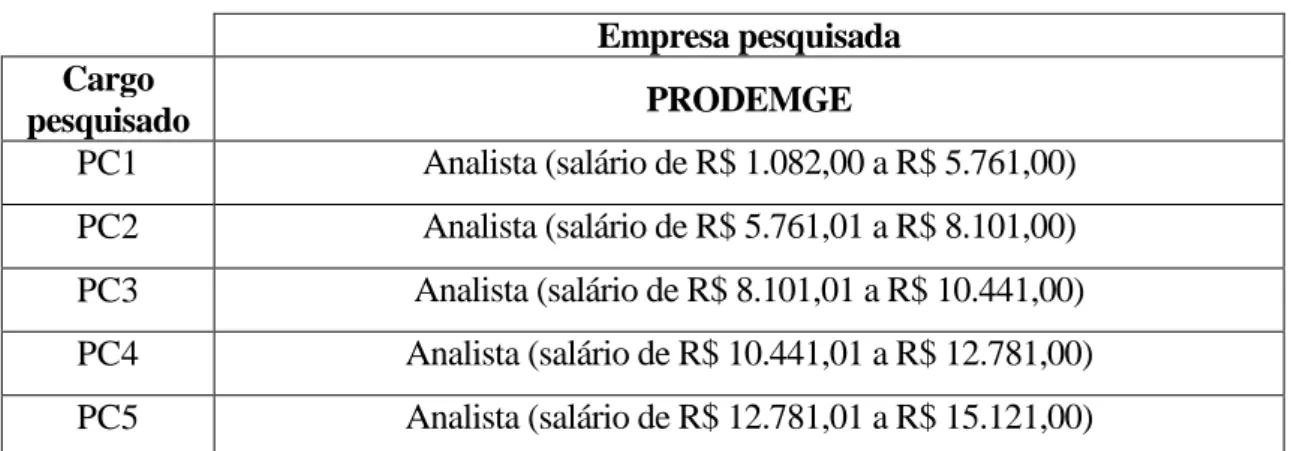Tabela 6 – Equiparação de cargos da empresa PRODEMGE. 