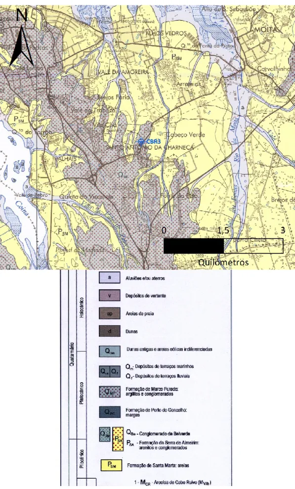 Figura 12 – Extracto da Carta  Geológica 34-D, zona de implementação  da CAS e respectiva legenda (adaptado  de  Pais et al., 2006)