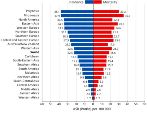 Figure 1.1: Age Standardized incidence Rates vs. Mortality Rates, in 2018 [5].