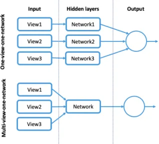 Figure 3.11: Multi-view’s strategies: one-view-one-network(top) and multi-view-one-network (bottom).