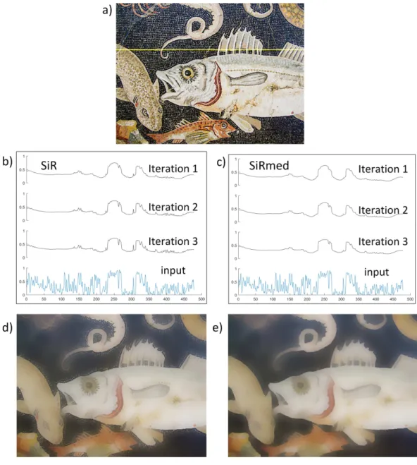 Figure 2 Effects of SiR and SiRmed filtering on image intensity. (A) Input image. (B, C) 1D Image in- in-tensity distribution along a horizontal cross section of (A) (yellow line) after the first 3 iterations of  re-spectively SiR and SiRmed