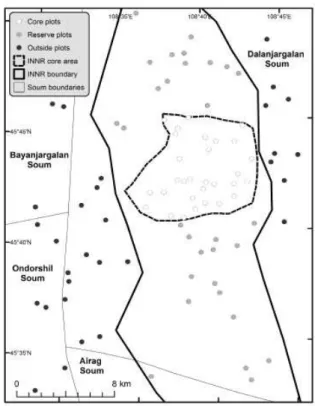 Figure  1.  Map  of  the  distribution  of  survey  plots  (N  =  90)  in  Ikh  Nart  Nature  Reserve  (INNR),  Mongolia