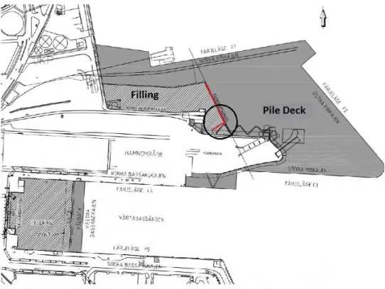 Figure 2.5 - Plan of the Värtahamnen port with location of the corner (Aarsleff 2014)
