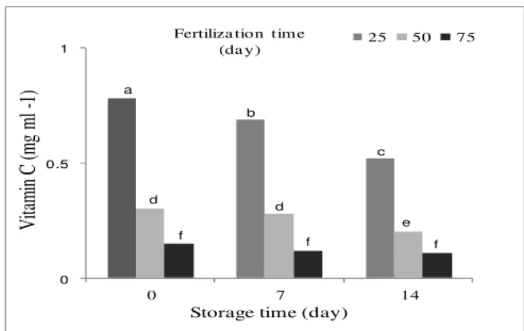 Figure 3. The concentration of vitamin C in spinach at  harvest  and  after  storage  in  relation  to  the  urea  fertilization  time