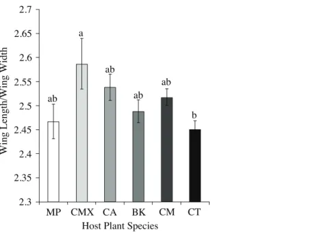 Figure 2 Wing aspect ratios (wing length/wing length) (mean ± SE) for ACP reared on different host plant species (BK, Bergera koenigii; CA, Citrus aurantifolia; CM, Citrus macrophylla; CMX, Citrus maxima; CT, Citrus taiwanica; MP, Murraya paniculata)