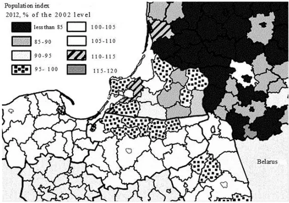 Fig. 1. Population dynamics in the Kaliningrad region and the neighbouring regions  of Poland and Lithuania in 2002—2012,% [1; 2; 7] 