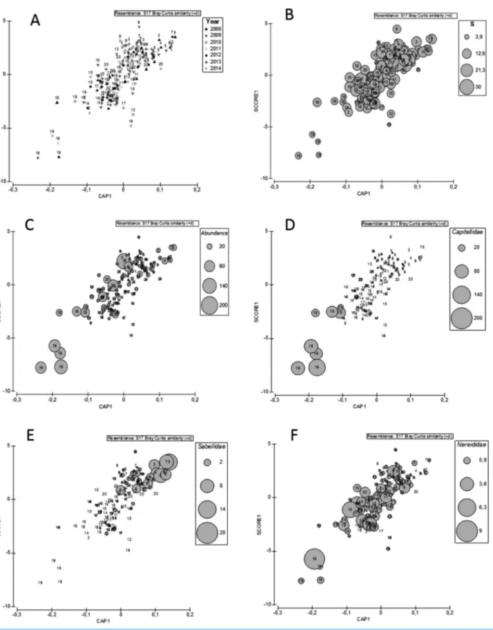 Figure 6 CAP. Canonical analysis of principal coordinates (CAP) showing the constrained ordination of samples using PCA1 scores from the PCA performed for the sediments as explanatory variable