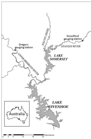 Figure 1. The Somerset and Wivenhoe reservoirs in subtropical Australia. The major tributaries are the Stanley River and Upper Brisbane River (UBR), respectively