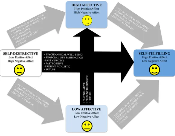 Figure 6 Differences between (black arrows) and within (grey arrows) individuals. Differences (black arrows) found between individuals with affective profiles that are at their extremes of the model:  self-destructive versus self-fulfilling (low–high posit