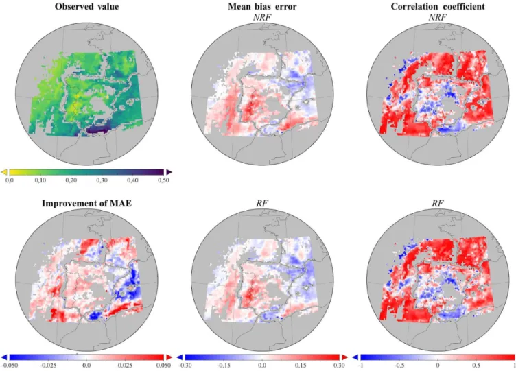 Figure 4. Comparison of AOD 550 model output vs. AOD 550 from MODIS data for the dust episode (temporal mean from 28 June to 12 July).