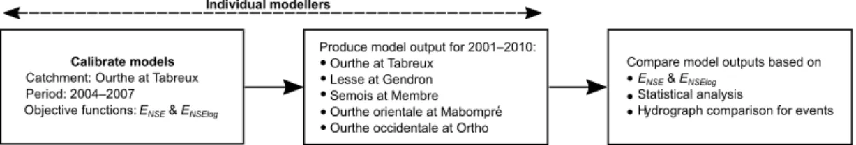 Figure 2. Different steps of the modelling protocol: a schematisation of the model structures used by the individual modellers is presented in Fig