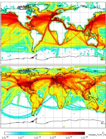 Fig. 3. CO 2 emissions from international shipping for the year 2006 (top). CO 2 emissions from international and domestic aviation for the year 2006 (bottom).