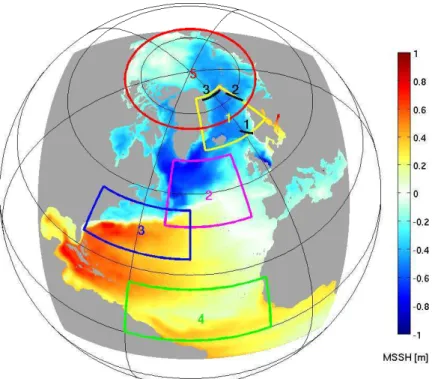 Fig. 1. TOPAZ model domain. The background colour shows the mean sea surface height computed from a free model run over the period 1993-1999; the gray colour shows land; the numbered boxes show regions used for calculating innovation statistics for the rea