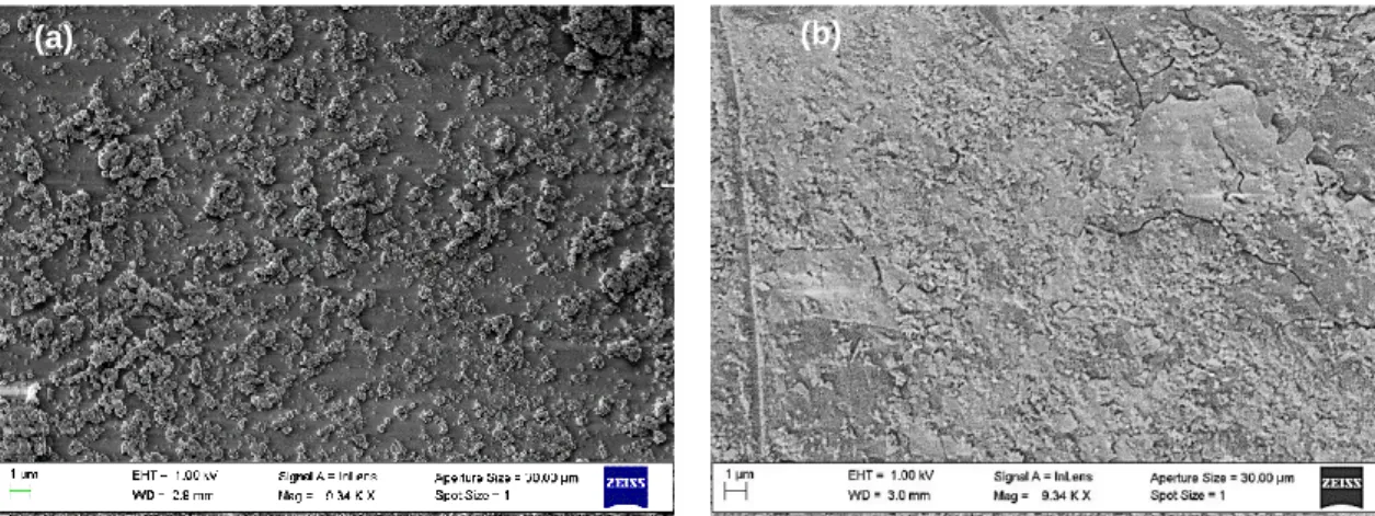 Fig. 16 -Imagem de SEM de uma amostra com o revestimento protetor de radiação UV aplicado(a) 0h de  envelhecimento acelerado (Ampliação 9.34 K x) (b)1200h de envelhecimento acelerado (Ampliação 9.34 K x)