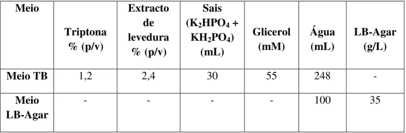 Tabela 3 Composição dos meios  Meio  Triptona  % (p/v)  Extracto de levedura  % (p/v)  Sais (K2 HPO 4  + KH2PO4) (mL)  Glicerol (mM)  Água (mL)  LB-Agar (g/L)  Meio TB  1,2  2,4  30  55  248  -  Meio  LB-Agar  -  -  -  -  100  35 