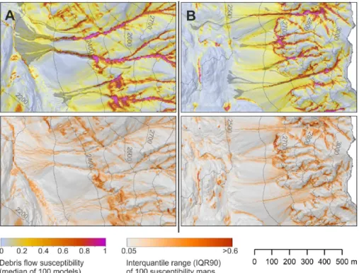 Fig. 7. Map sections (for full extent, see Supplement) from the ZBT (B) and LT (A) areas