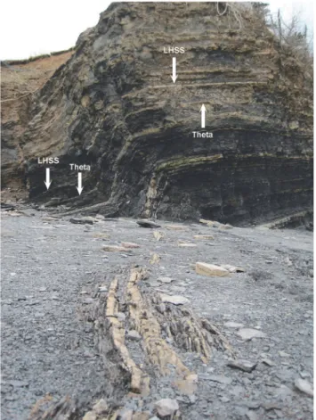 Fig 2. Syncline at Lighthouse Point. The resistant beds here include especially productive sandstones known informally as the ‘ Theta Layer ’ (Theta) and ‘ Lighthouse Sandstone ’ (LHSS).