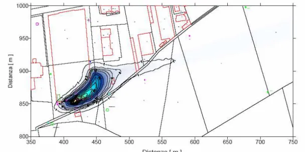 Fig. 4: Modeling results of HRC injection in the aquifer after 1 year of continuous release (HRC  concentrations are expressed in µg/l) 