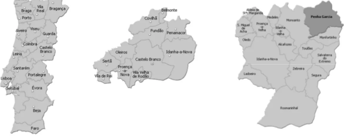 Fig. 1 Mapa de Portugal continental, fig. 2 Mapa dos concelhos do distrito de Castelo Branco, fig