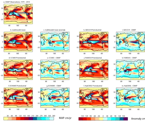 Figure 1. Preindustrial precipitation distributions as simulated in the EoMIP models. (a, b, d, f, h, j and l) show Mean Annual Precipitation (MAP; left colour bar) and (c, e, g, i, k, and m) show anomalies relative to CMAP observations, 1979–2010, GCM out