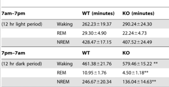 Table 2. Tmub1 deletion resulted in enhanced waking and reduced NREM and REM time during dark period.
