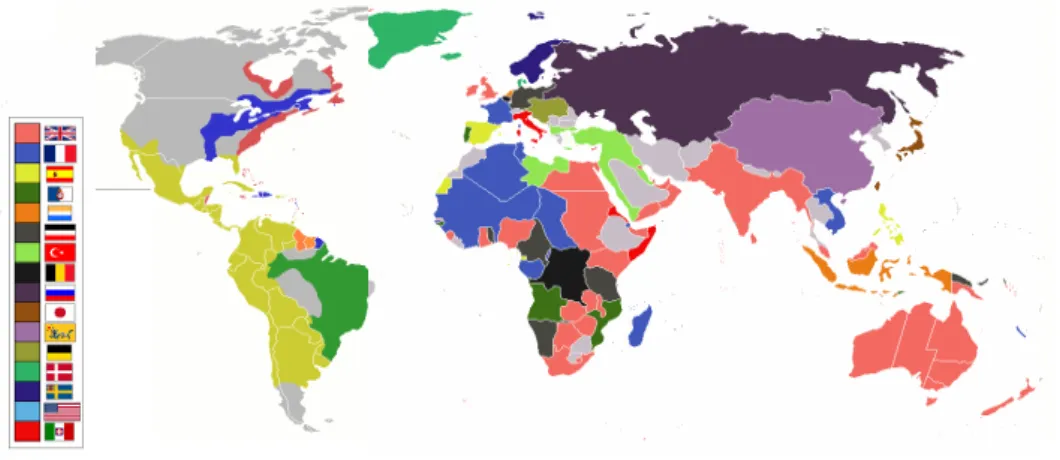 Fig. 2. The colonisation of countries used to determine languages required for searching for historic earthquake records (adapted from Wikipedia Commons 2010).