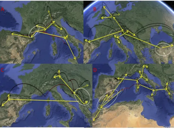 Figure 5 Phylogeographic reconstruction of the history of each lineage. Phylogeographic reconstruc- reconstruc-tion through time in Google Earth (http://earth.google.com) of the history of each lineage, from the origin until the current distribution, based