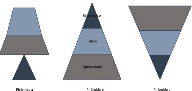 Figura 5: Pirâmide organizacional do local de estudo: inicial (a), reestruturação (b) e  proposta final (c)