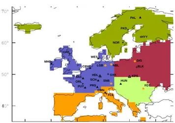 Fig. 1. Map of European continuous stations. The 2001 AERO- AERO-CARB stations are represented by black filled triangles,  CarboEu-rope stations by black empty triangles, CHIOTTO tower by black crosses and WDCGG stations by orange stars