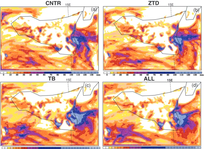 Fig. 7. 24 h accumulated precipitation for the MM5 experiments: (a) CNTR; (b) assimilation of GPS ZTD; (c) assimilation of SSM/I; (d) assimilation of the available data.