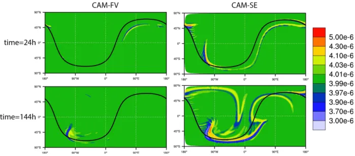 Figure 3. Contour plots of X T for (left column) CAM-FV and for (right column) CAM-SE in ftype = 0 configuration at day 1 (upper row) and day 6 (lower row), respectively