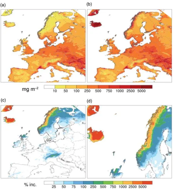 Figure 8. (a) Simulated total deposition of SO x (wet and dry) over Europe from September to November 2014 for no_hol and (b) bas_hol simulations; (c) percent increase in SO x deposition due to the Holuhraun emissions; (d) shows the same as (c) but zoomed 
