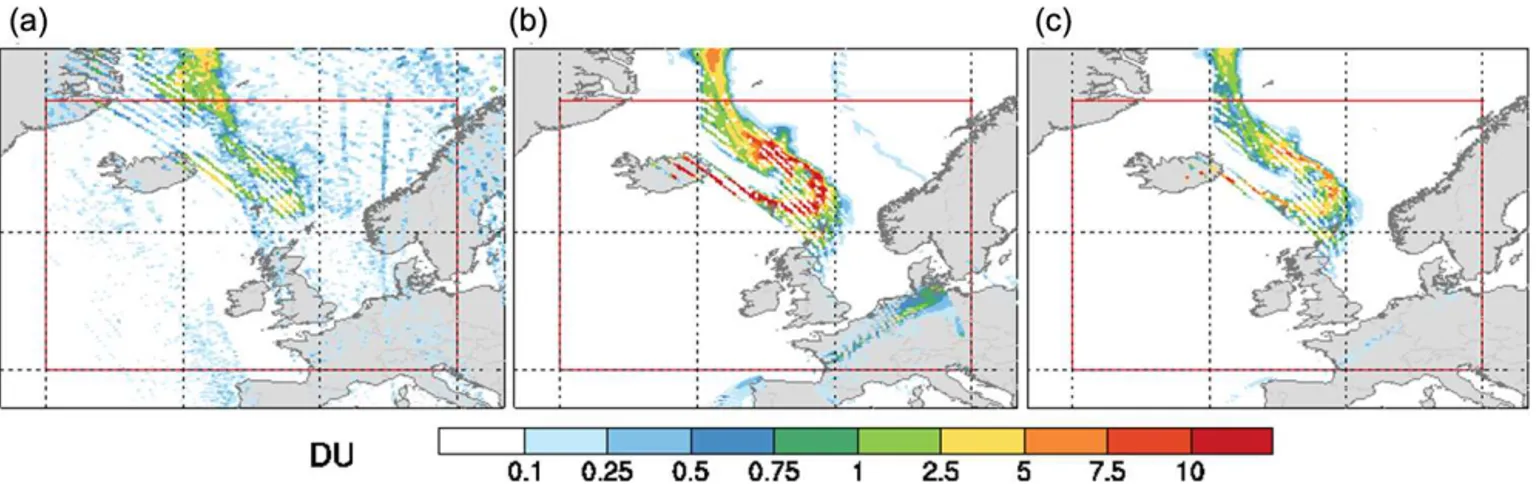 Figure 1. SO 2 column density: (a) for the satellite swaths on 24 September 2014; (b) for corresponding, consistently colocated original model data in the base simulation bas_hol; (c) for these model data with the satellite averaging kernel applied