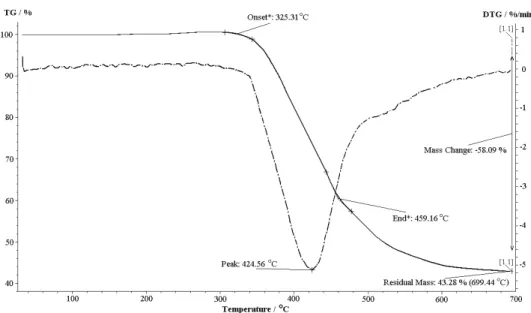 Fig. 4. TG and DTG curves of polyester PE4b. 