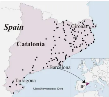 Figure 1. Map of location of the study area and of the points where torrential rainfall has been recorded.