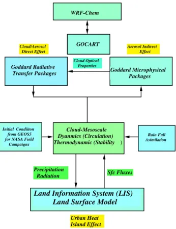 Fig. 1. Schematic diagram showing planned components of the NASA unified WRF. The blue boxes represent physical processes (packages) developed by NASA scientists
