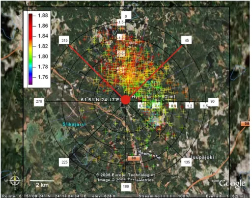 Fig. 2. Wind rose plot showing methane (coloured markers and scale), wind speed (radii) and wind direction (angle) in Hyyti ¨ala during the campaign (Map courtesy of Google Earth TM mapping service)