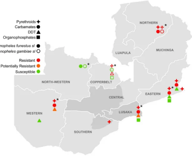 Figure 2. Insecticide resistance in collections from March 2011–April 2012. Darker gray shading indicates areas surveyed in [16]