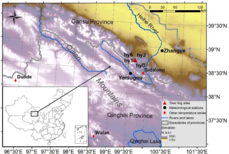 Fig. 1. Locations of tree-ring sampling sites, meteorological stations, and other temperature- temperature-related series in the Qilian Mountains (Sidalong: Liu et al., 2007; Wulan: Zhu et al., 2008;