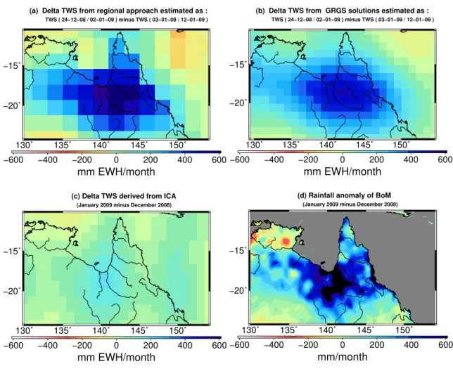 Fig. 13. 1TWS time series map derived from regional solutions (a), from GRGS RL02 (b), from ICA-filtered solutions (c) and rainfall anomalies for January 2009 (d)