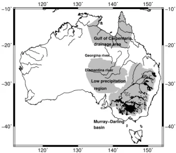 Fig. 1. Australian drainage regions used in our study. Geographical locations of the bores in the Murray–Darling are marked as black circles