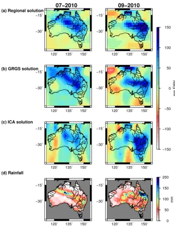 Fig. 12. Regional and GRGS RL02 of 1TWS monthly maps esti- esti-mated with respect to the mean map for the previous driest season (from June to November 2009), and rainfall maps