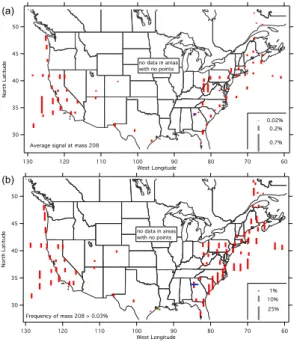Fig. 6. Geographical distribution of the average signal at mass 208, which is almost always