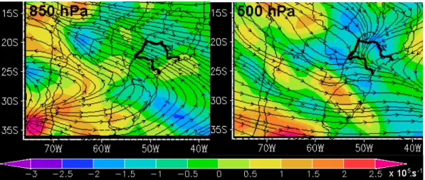 Fig. 1. 8 February 2001 at 00:00 UT: Streamflow lines and divergence (in s −1 ) at 850 hPa (left panel) and 500 hPa (right panel), with borders of the State of S˜ao Paulo shown in bold, from CPTEC Global analysis.