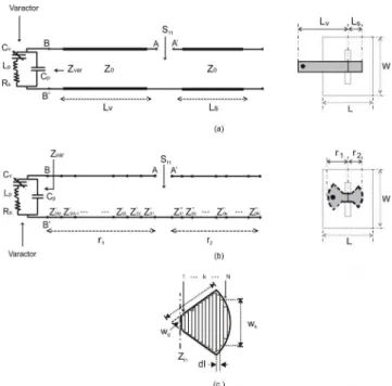 Fig. 3.  Varactor loaded phasing line circuit model: (a) linear  phasing line model; (b) radial phasing line model;  