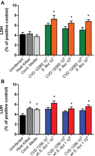 Figure 4. Wild type Shigella increase Caco2 monolayer para- para-cellular permeability to macromolecules whilst vaccine  candi-dates have no or markedly attenuated effect