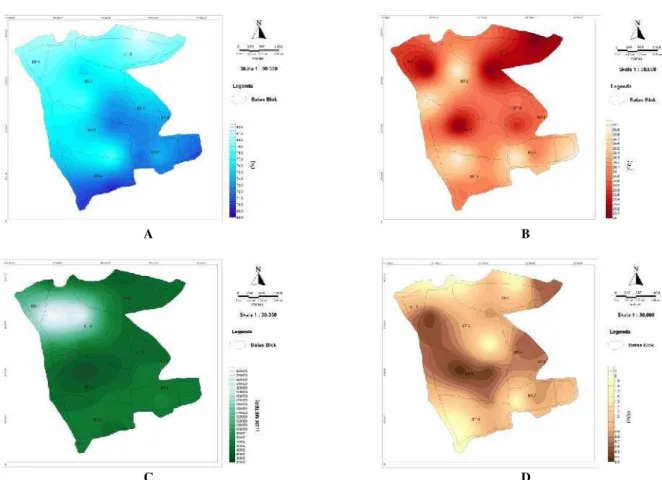 Figure 2. The distribution maps of relative humidity (A), air temperature (B), light intensity (C), and wind speed (D) in the Biodiverity Park of Kiara Payung, West Java